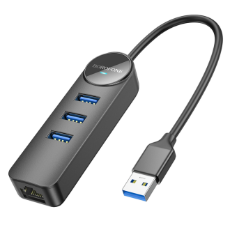 Адаптер Borofone DH6 Erudite 4-in-1 Gigabit Ethernet Adapter(USB to USB3.0*3+RJ45)(L=0.2M) Black Borofone 6941991104299