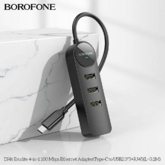 Адаптер Borofone DH6 Erudite 4-in-1 100 Mbps Ethernet Adapter(Type-C to USB2.0*3+RJ45)(L=0.2M) Black