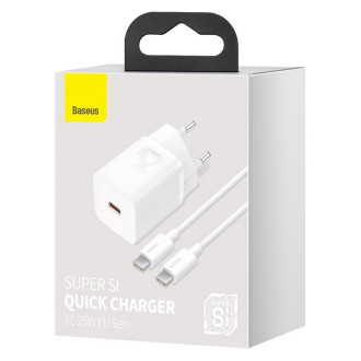 Зарядний пристрій для телефонів/планшетів від мережі Baseus МЗП Baseus Super Si Quick Charger 1C 25W EU Sets White（With Mini White Cable Type-C to Type-C 3A 1m White） TZCCSUPL02