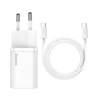 МЗП Baseus Super Si Quick Charger 1C 25W EU Sets White（With Mini White Cable Type-C to Type-C 3A 1m White）