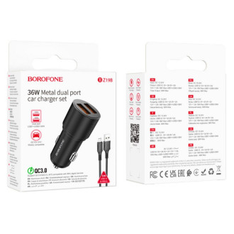 Автомобільний зарядний пристрій BOROFONE BZ19B Wisdom 36W dual port QC3.0 car charger set(Micro) Black