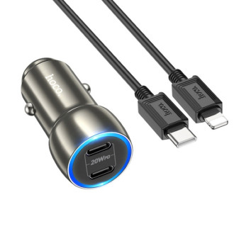 Автомобільний зарядний пристрій HOCO Z48 Tough 40W dual port(2C) car charger set(C to iP) Metal Gray