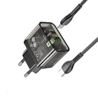 Мережевий зарядний пристрій HOCO N34 Dazzling dual-port PD20W+QC3.0 charger set(Type-C to Type-C) Transparent Black